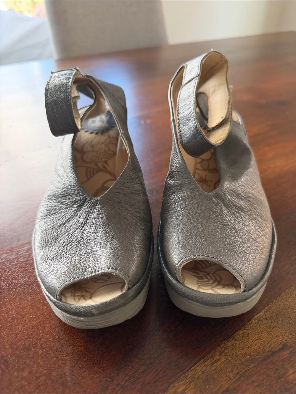 Fly London Metallic Gray Peep-Toe Ankle Strap Sandals